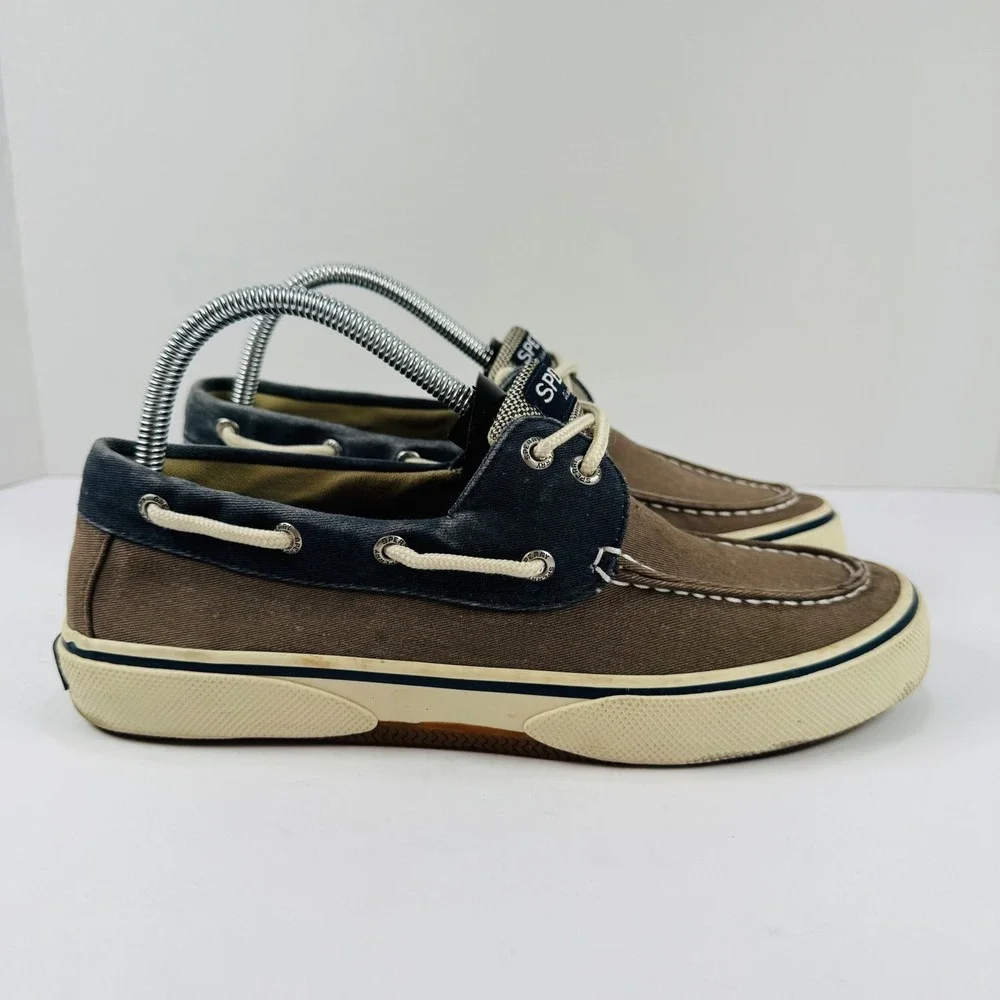 Sperry Top-Sider Bahama 2-Eye Mens 8M Brown Navy Canvas Boat Shoe STS13964